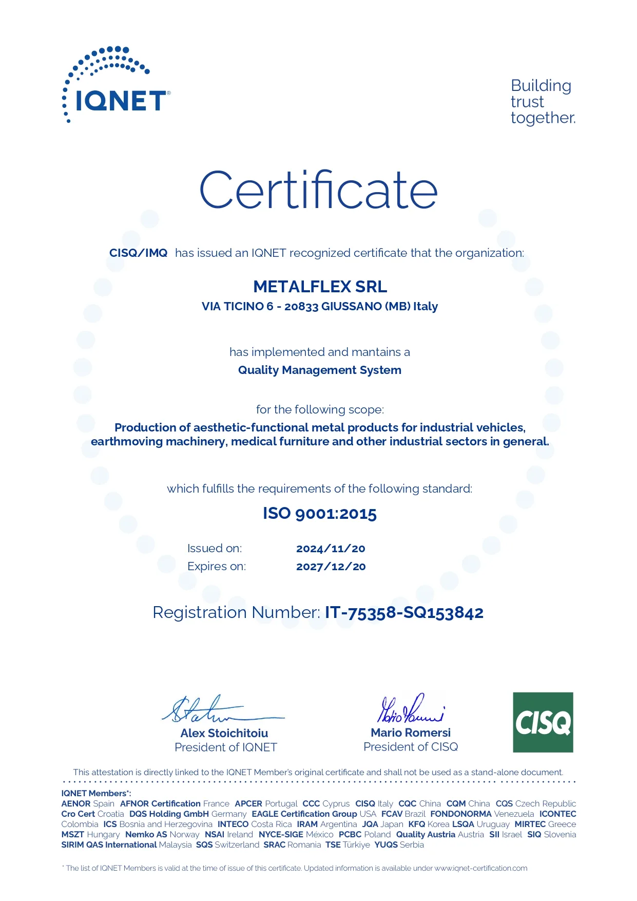 Attestato IQNET — Metalflex