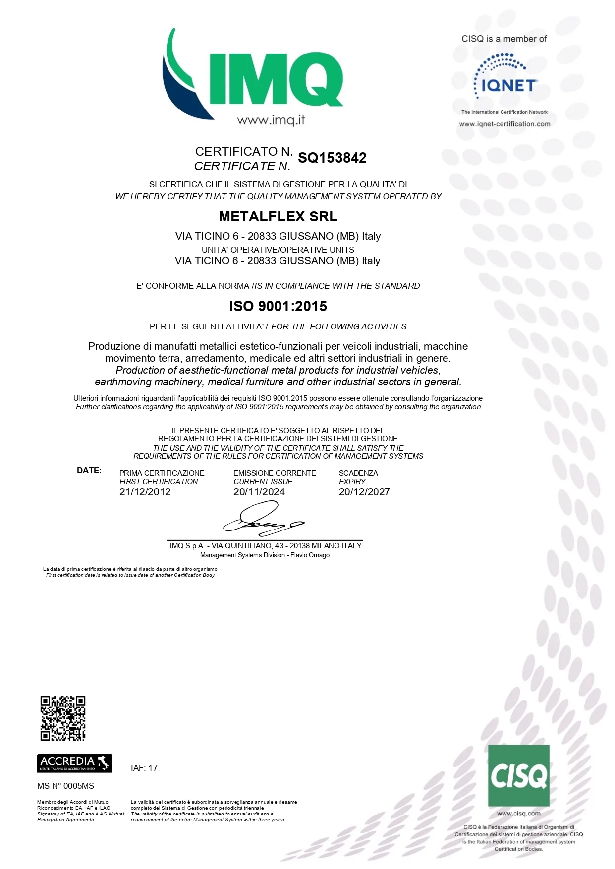 Certificato ISO 9001:2015 IMQ — Metalflex