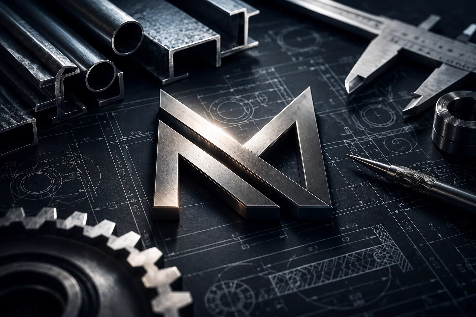 Logo Metalflex in acciaio sui disegni tecnici, tra profili metallici, calibro e strumenti d'officina