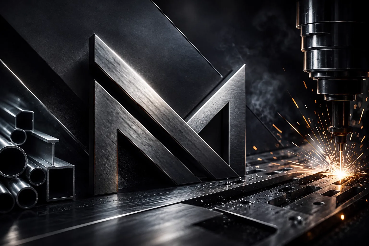 Logo Metalflex in acciaio satinato tra profili metallici grezzi e una tavola di taglio laser con scintille