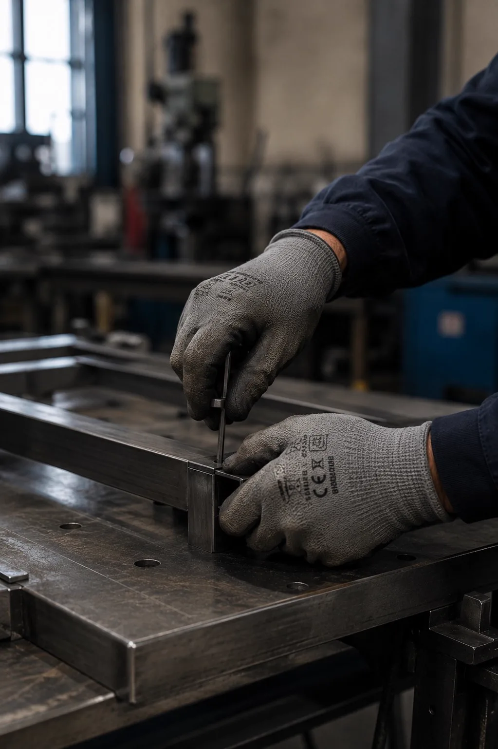 Mani esperte di un operatore Metalflex al lavoro su un telaio in reparto