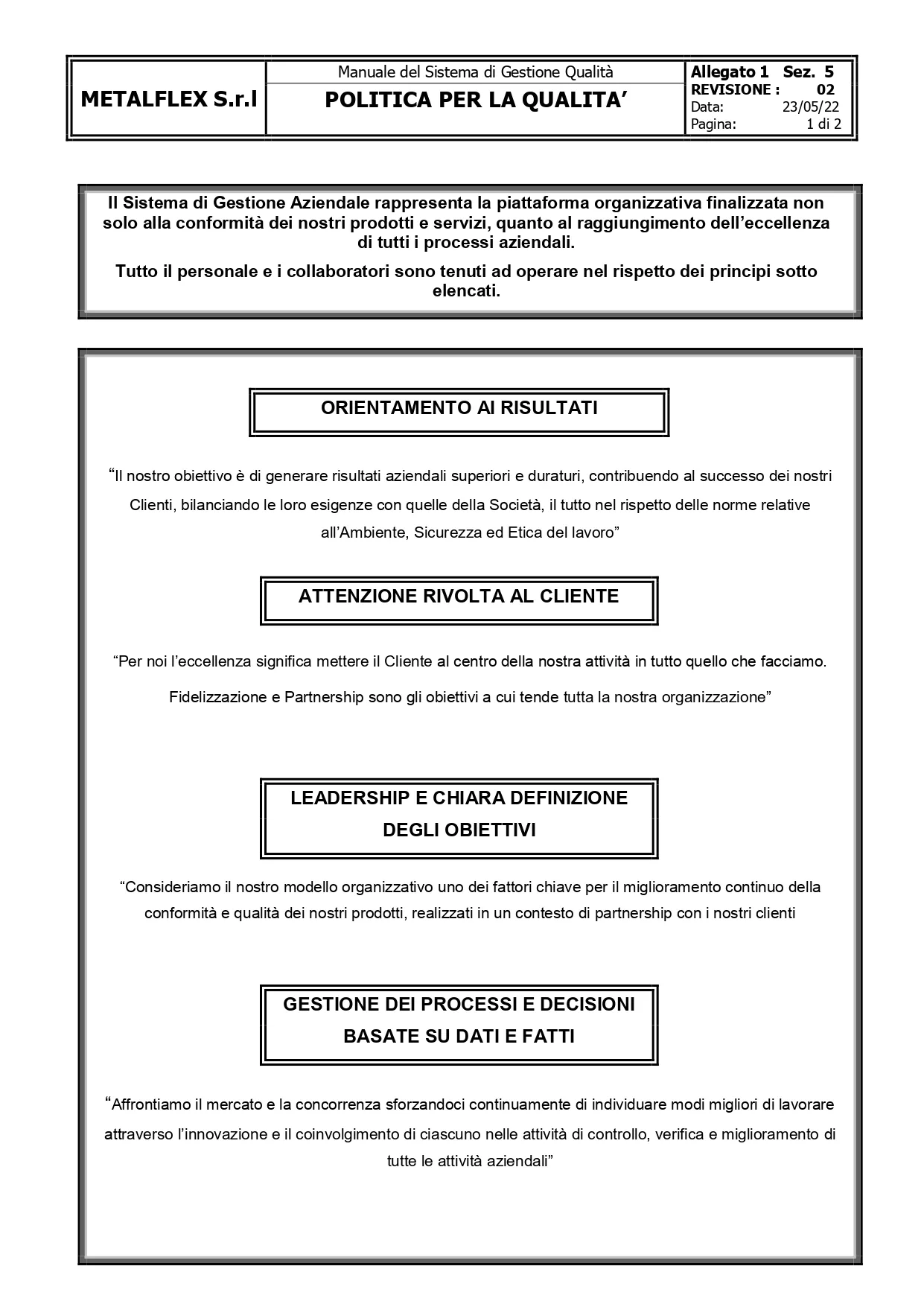 Politica per la Qualità Metalflex — pagina 1