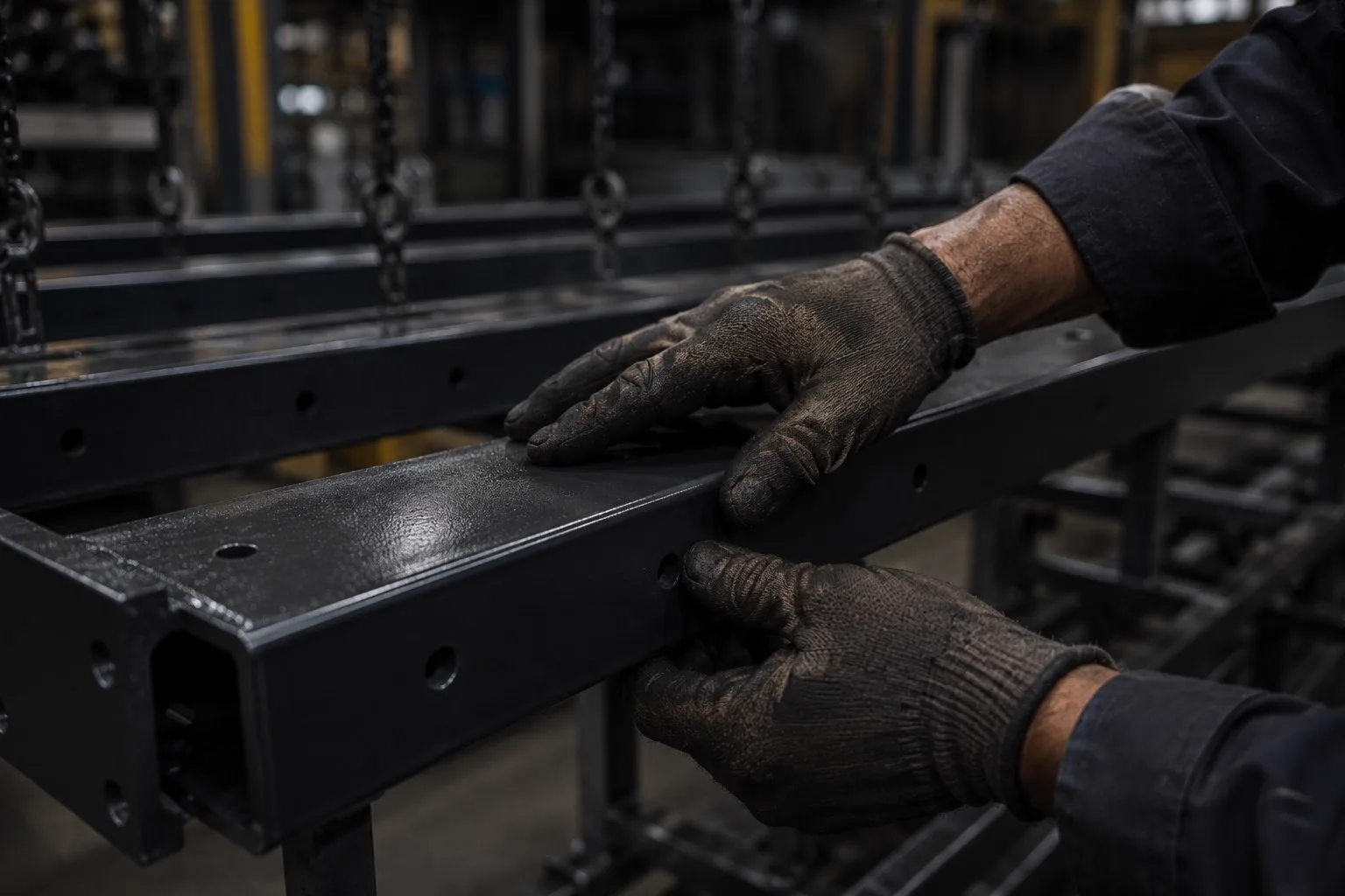 Controllo finale a mano su un telaio metallico verniciato prima della spedizione — Metalflex